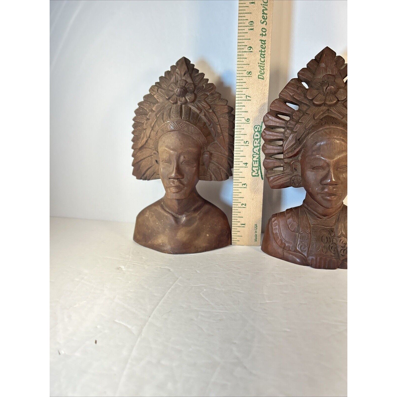 Balinese Hand-Carved Wood Bust Pair | Male & Female Headdress Statues 9-in