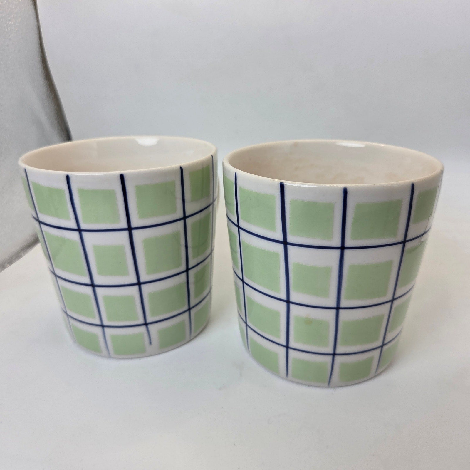 Starbucks Barista 2003 Green Blue Plaid Check Coffee Mugs Set Of 2 Cups