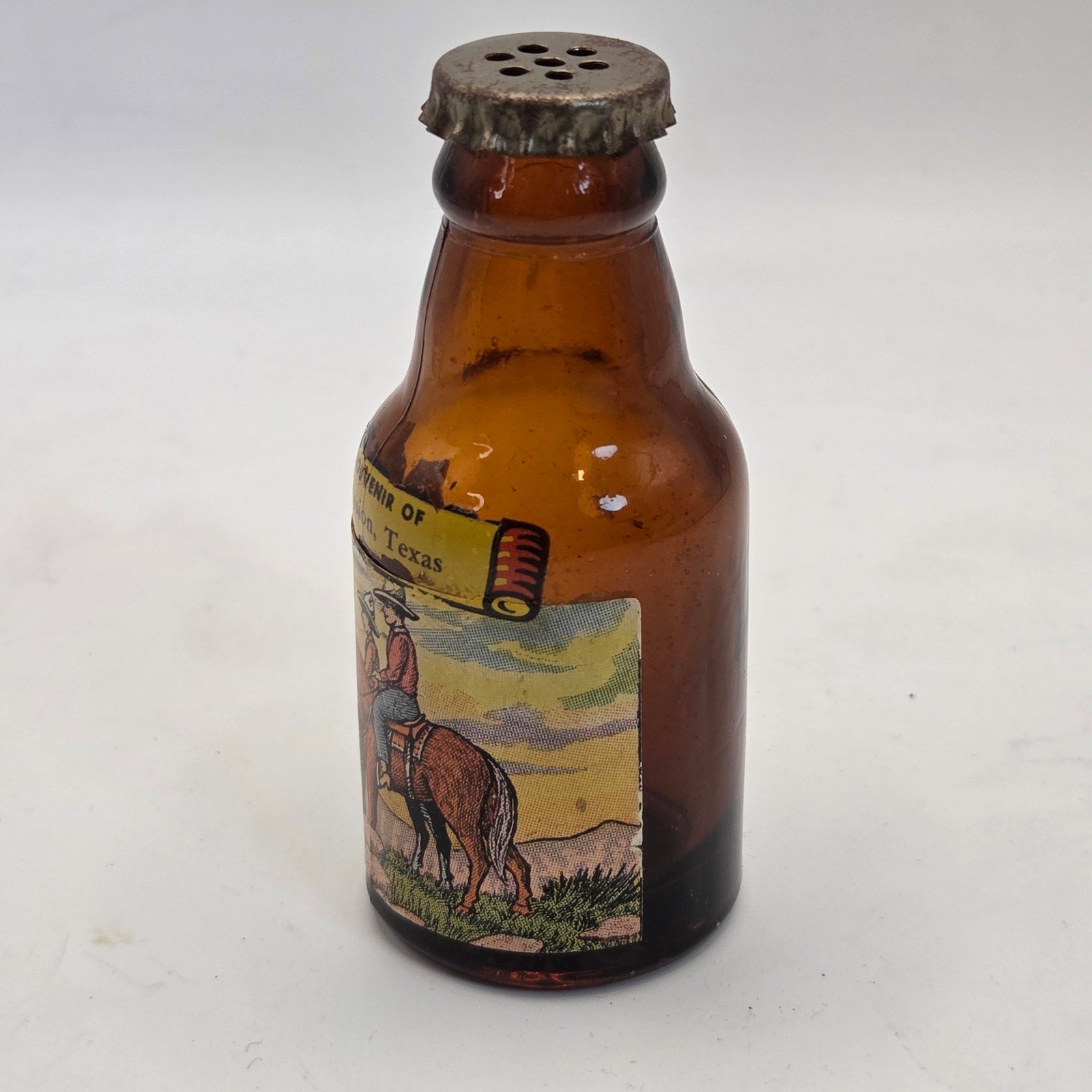 Vintage Mission Texas Souvenir Amber Glass Shaker Bottle Motel Buffalo Pat Pend