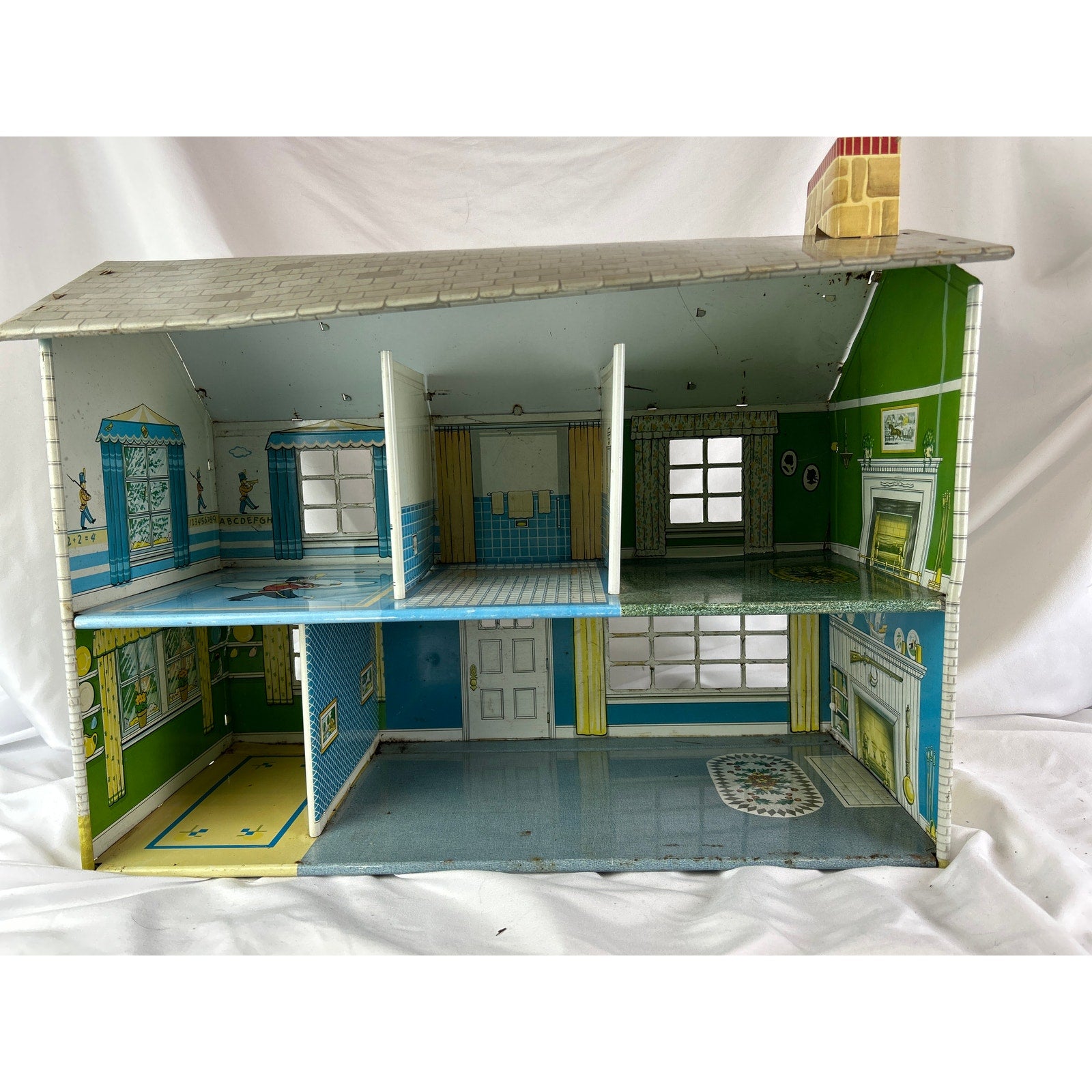 Vintage Marx Tin Litho Two Story Colonial Dollhouse Metal 1950s