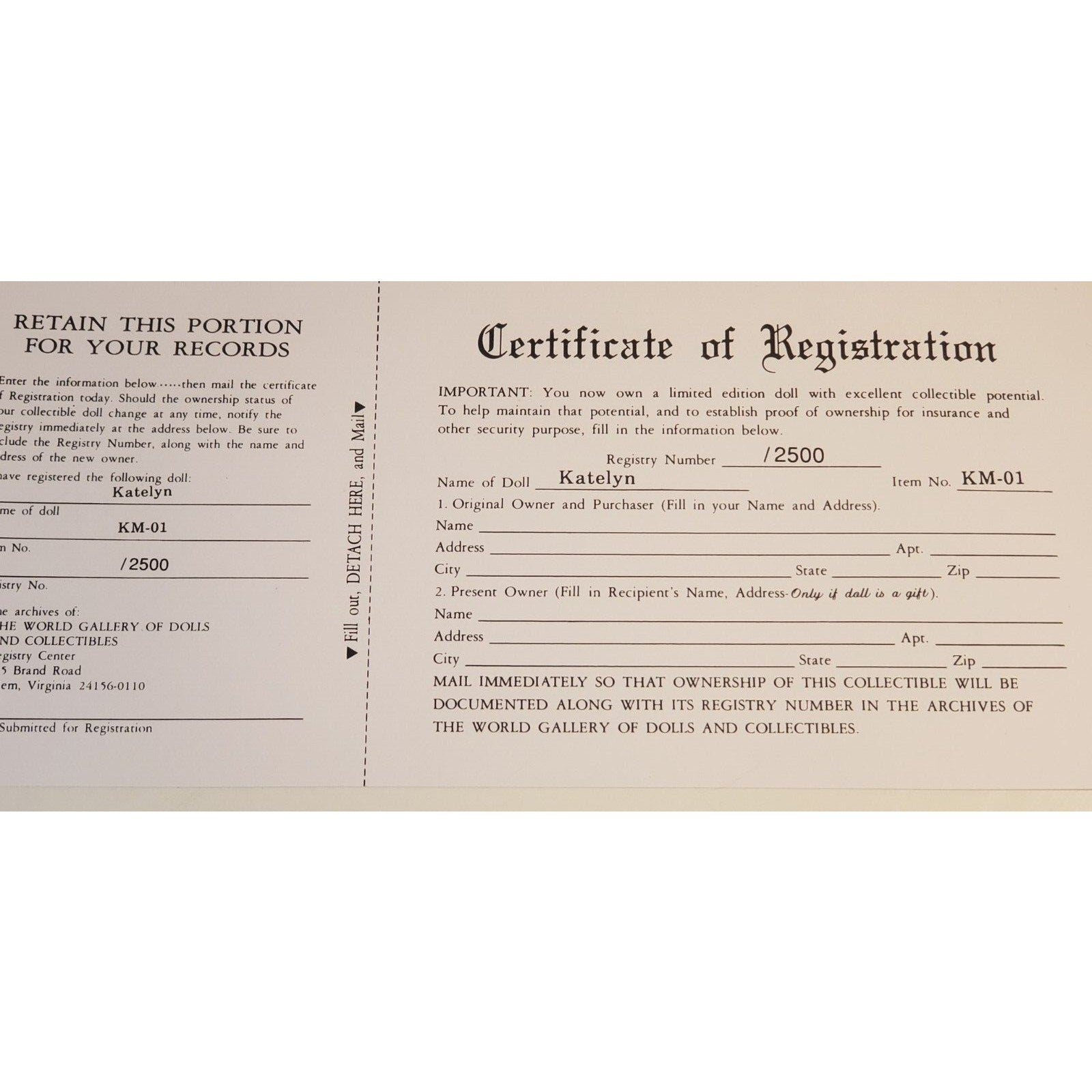 World Gallery Porcelain Doll "Katelyn" by Kay McKee 23" LE #457/2500 w/COA & Box