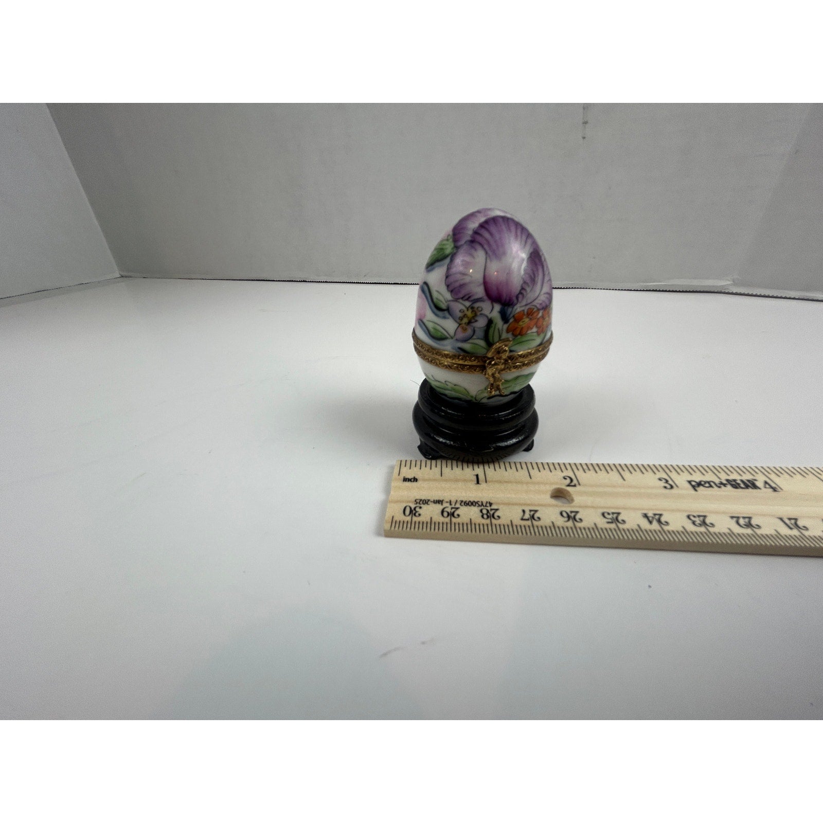 Limoges France Hand Painted Porcelain Trinket Box Egg Purple Floral Richard