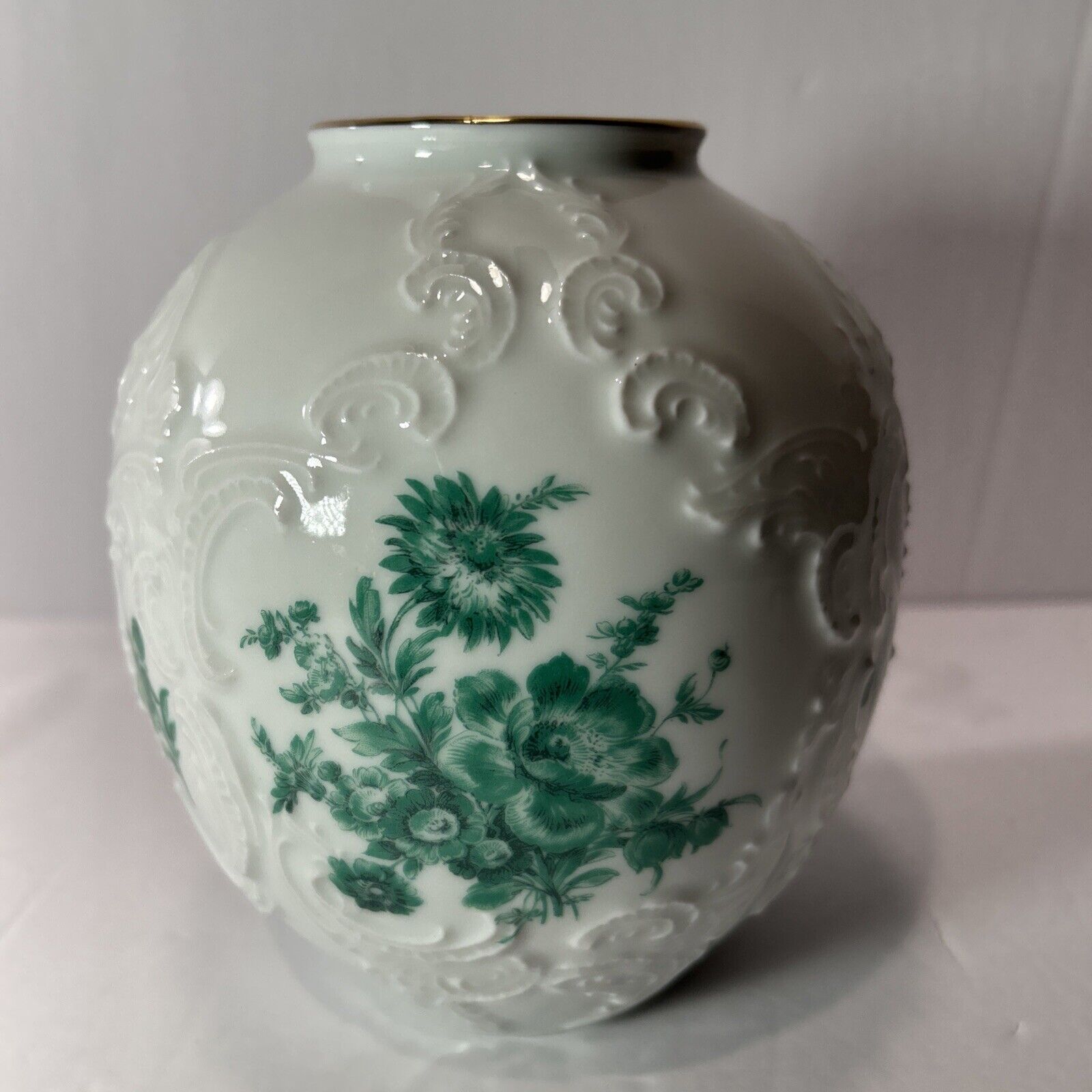 Vintage KPM Bavaria Royal Porcelain Vase Embossed Floral Green Gold Rim Germany