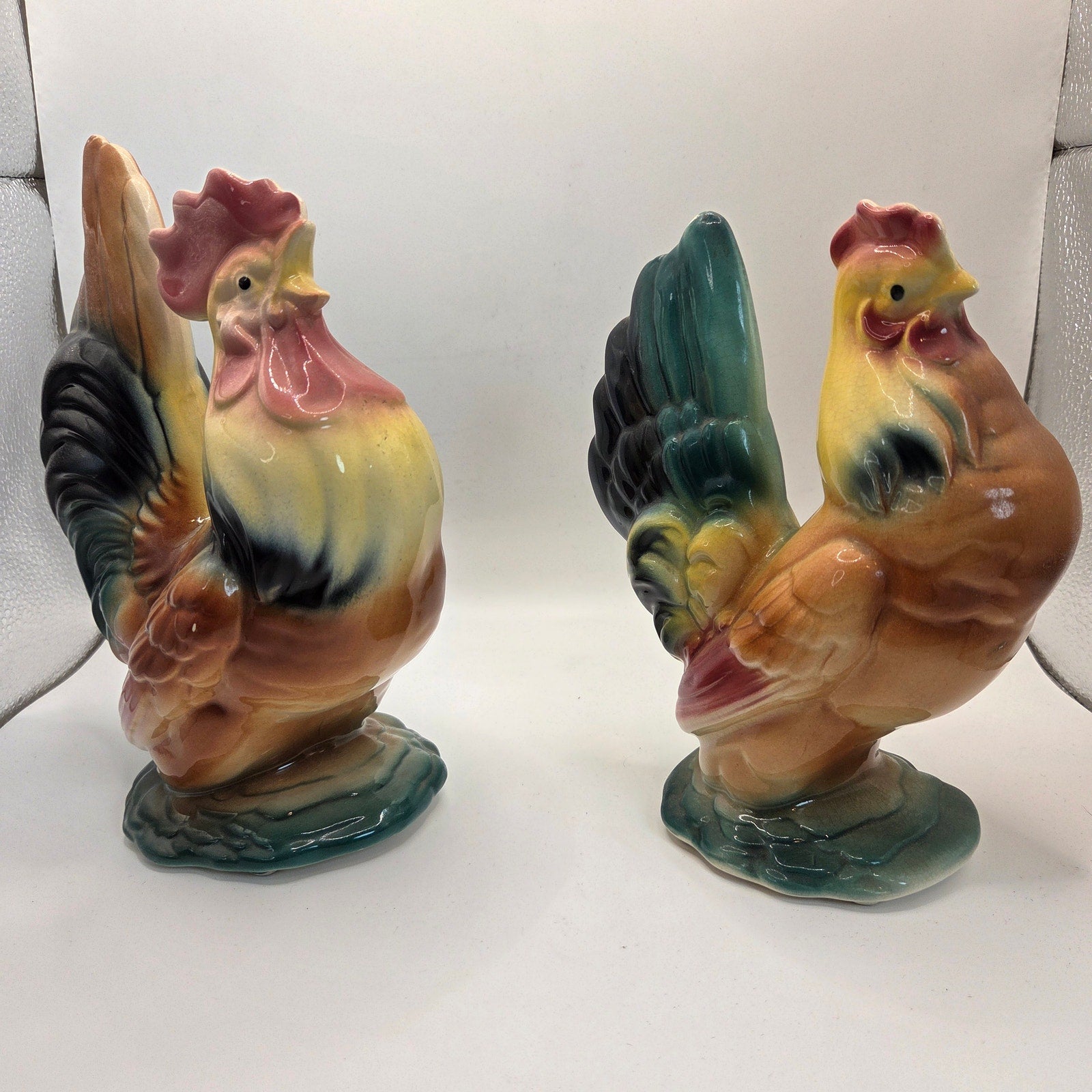 Vintage Royal Copley Rooster & Hen Figurine Pair 1950s Ceramic Statues