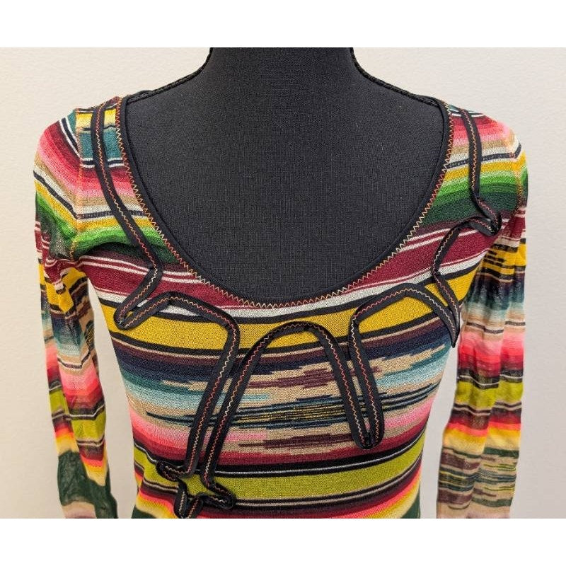 Jean Paul Gaultier Soleil Fuzzi Mesh Top Vintage Y2K Stripe Italy M Long Sleeve