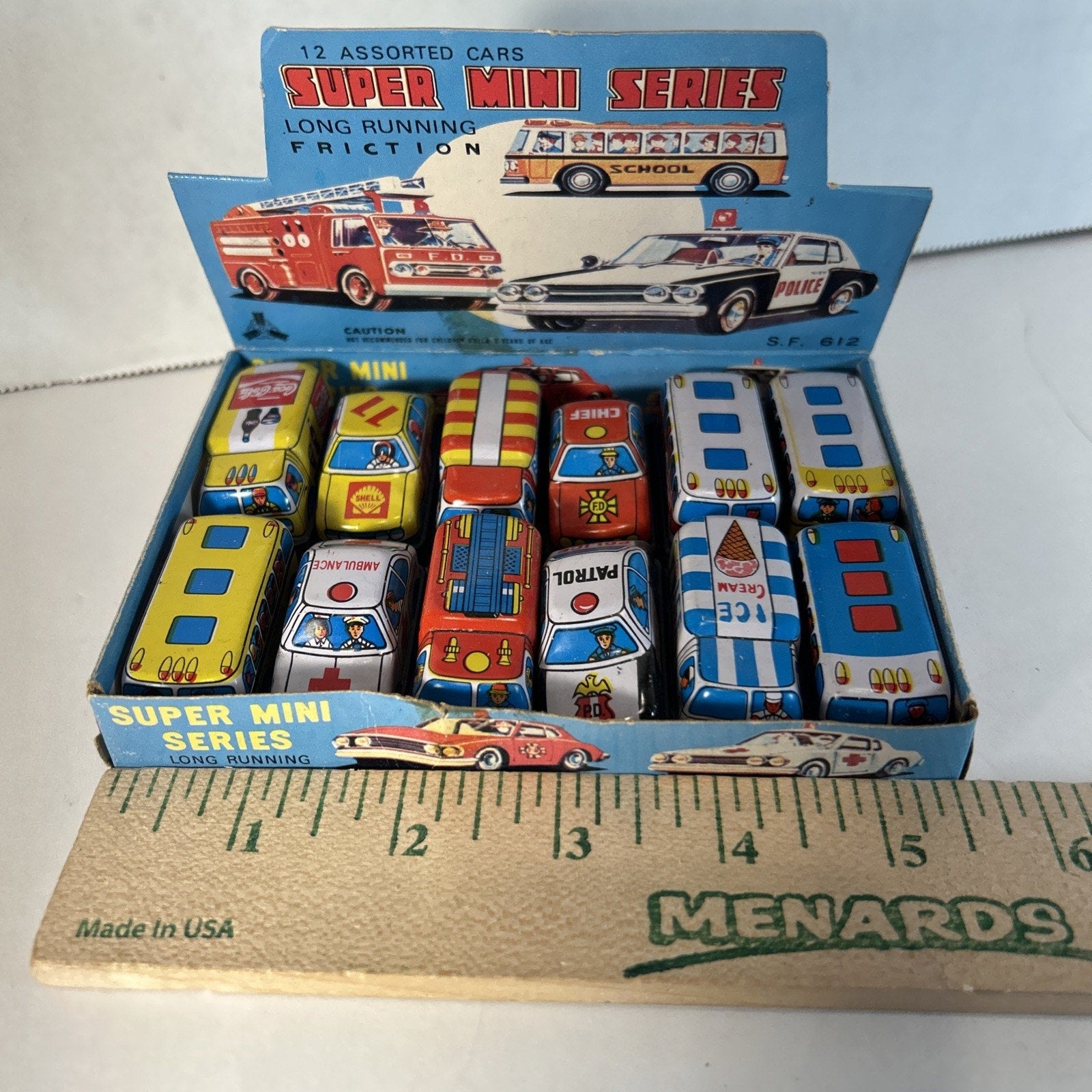 Vintage Tin Litho Friction Super Mini Toy Car Set w/ Display Taiwan 12pc