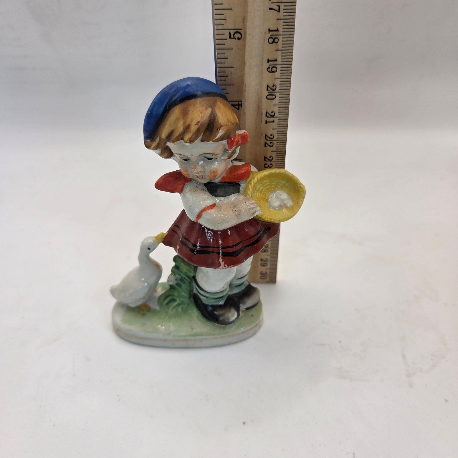 Occupied Japan Girl With Goose Figurine 4.5” Vintage Porcelain Painted