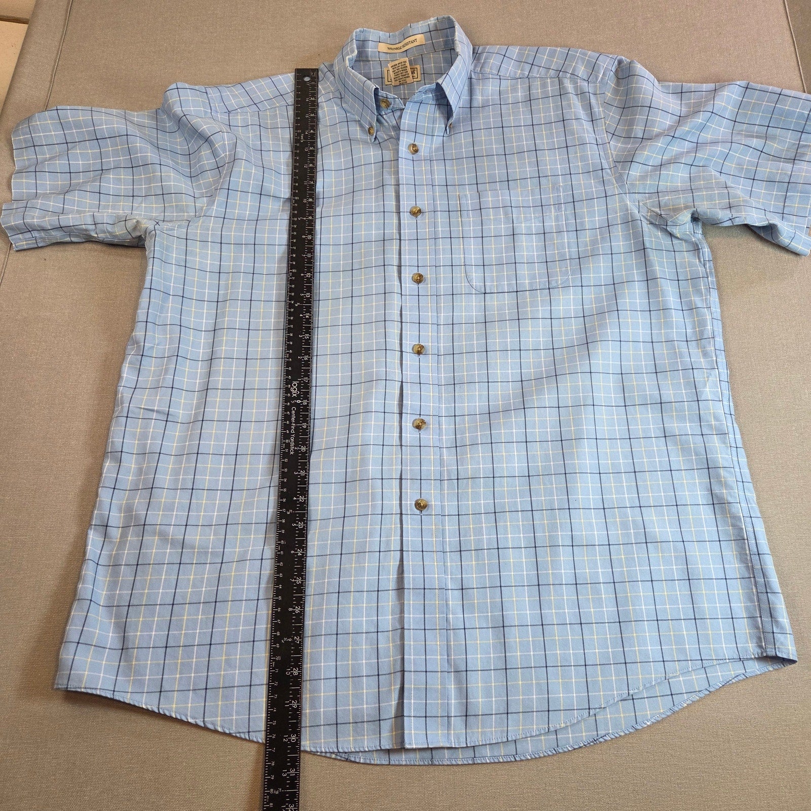 LL Bean Mens L Wrinkle Resistant Short Sleeve Shirt Blue Plaid Cotton Malaysia
