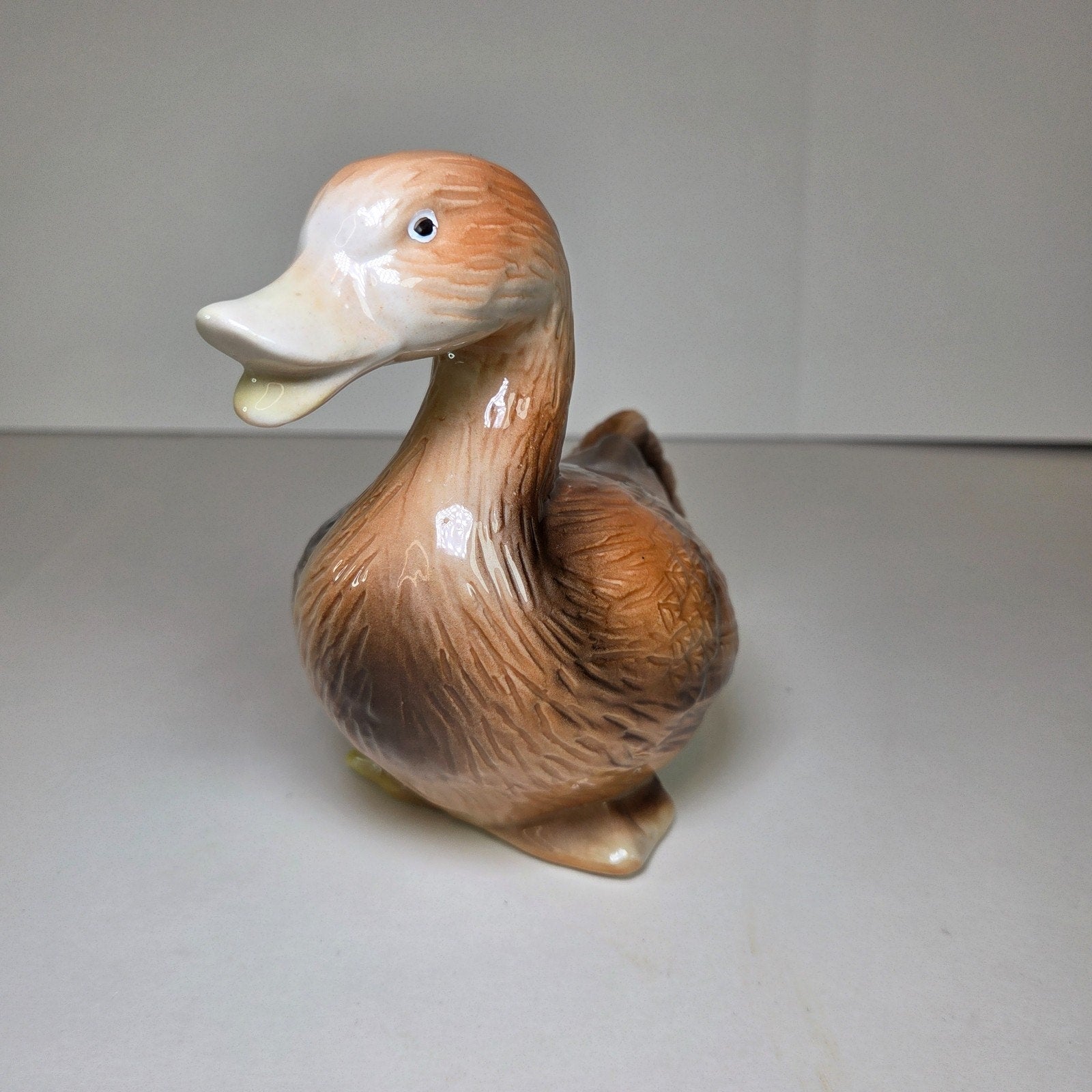 Vintage Glazed Ceramic Duck Figurine 5.5" Tall Brown/Beige Animal Home Decor