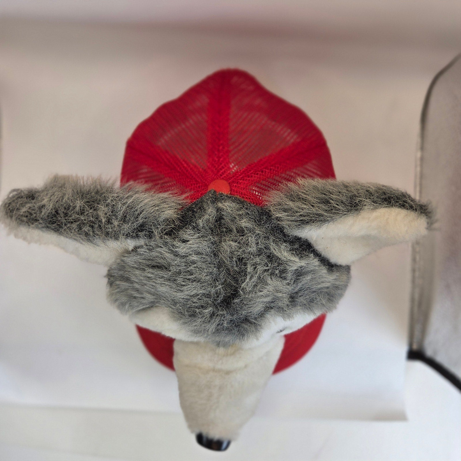 Vintage Wolf Dog Plush Head Trucker Hat Red Mesh Snapback Made in Taiwan