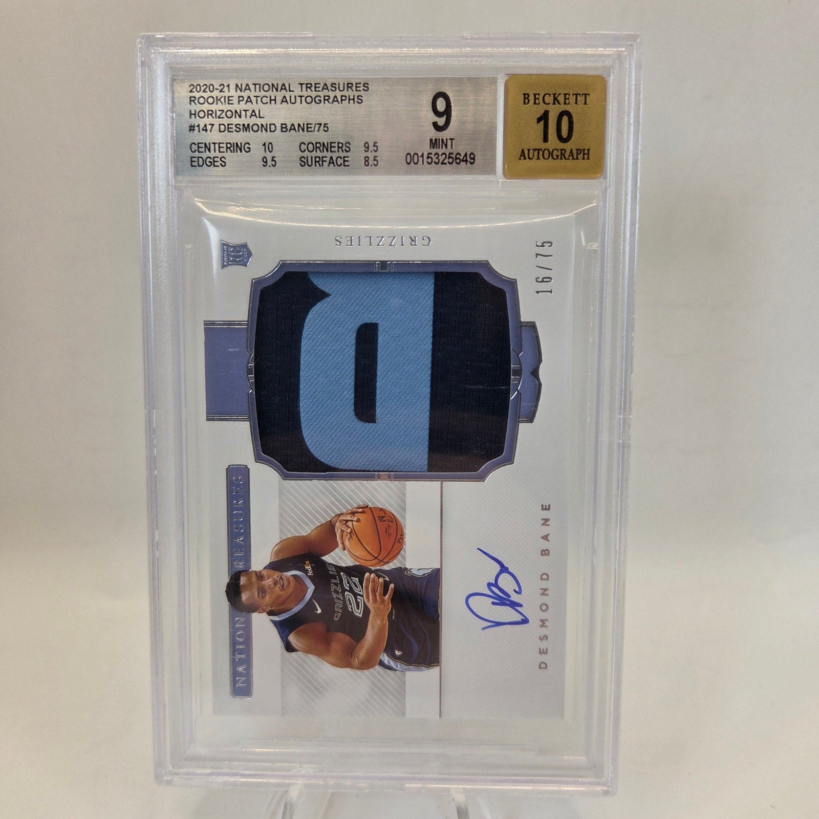 2020-21 National Treasures Desmond Bane RPA /75 Patch Auto BGS 9 Auto 10 Rookie