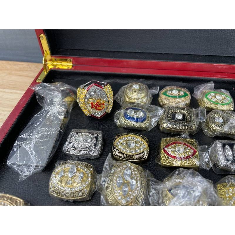 Complete NFL Super Bowl Replica Ring Set I–LIX w/ Case & Trophy Football