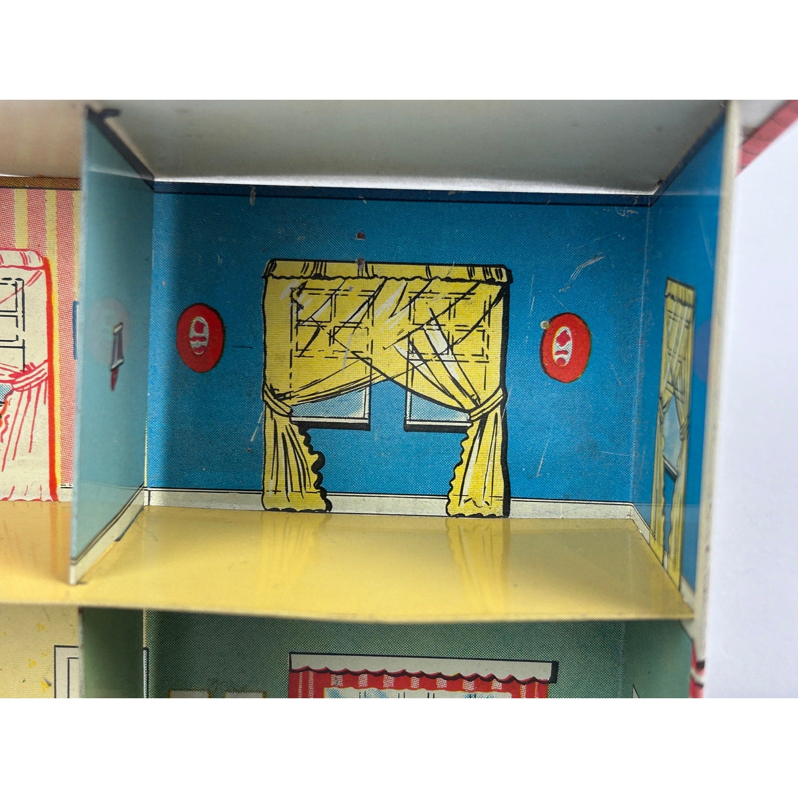 Vintage 1950s Ohio Art Midget Manor Dollhouse Tin Litho With Most Furniture
