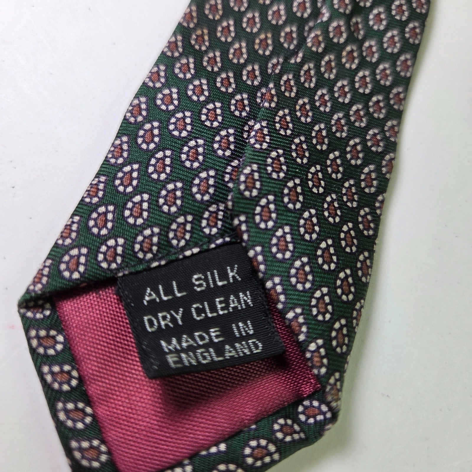 Robert White English Silk Tie Green Red Micro Paisley John Comfort Vintage