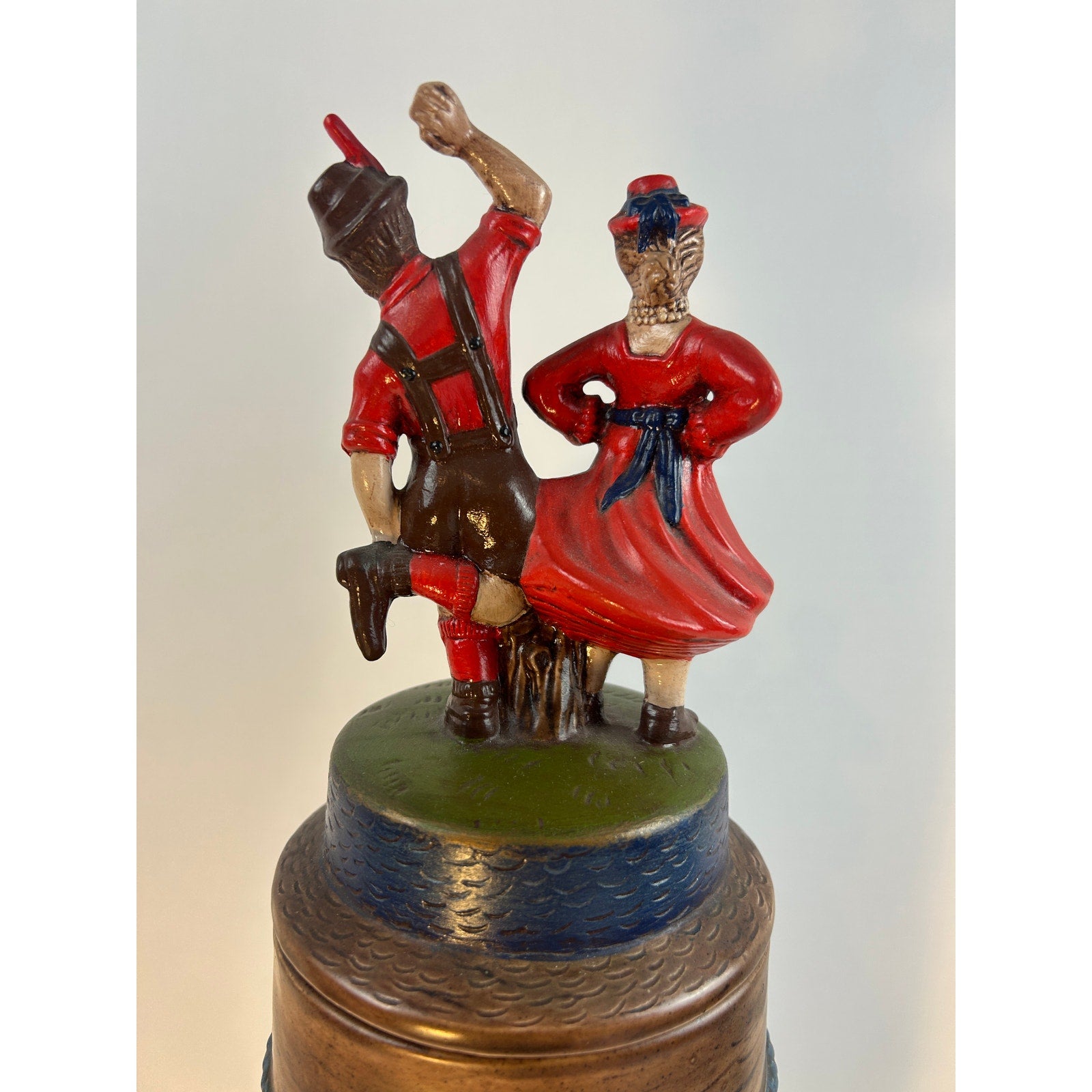 German Beer Stein Dancing Couple Relief Lidded Ceramic Tall Collectible