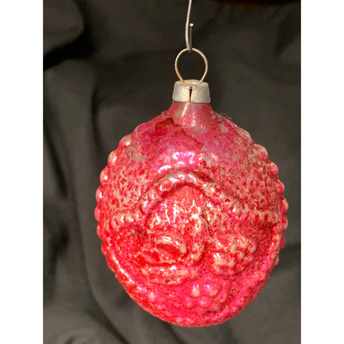 Vintage Embossed Glass Christmas Ornament Red Pink Silver Molded Design