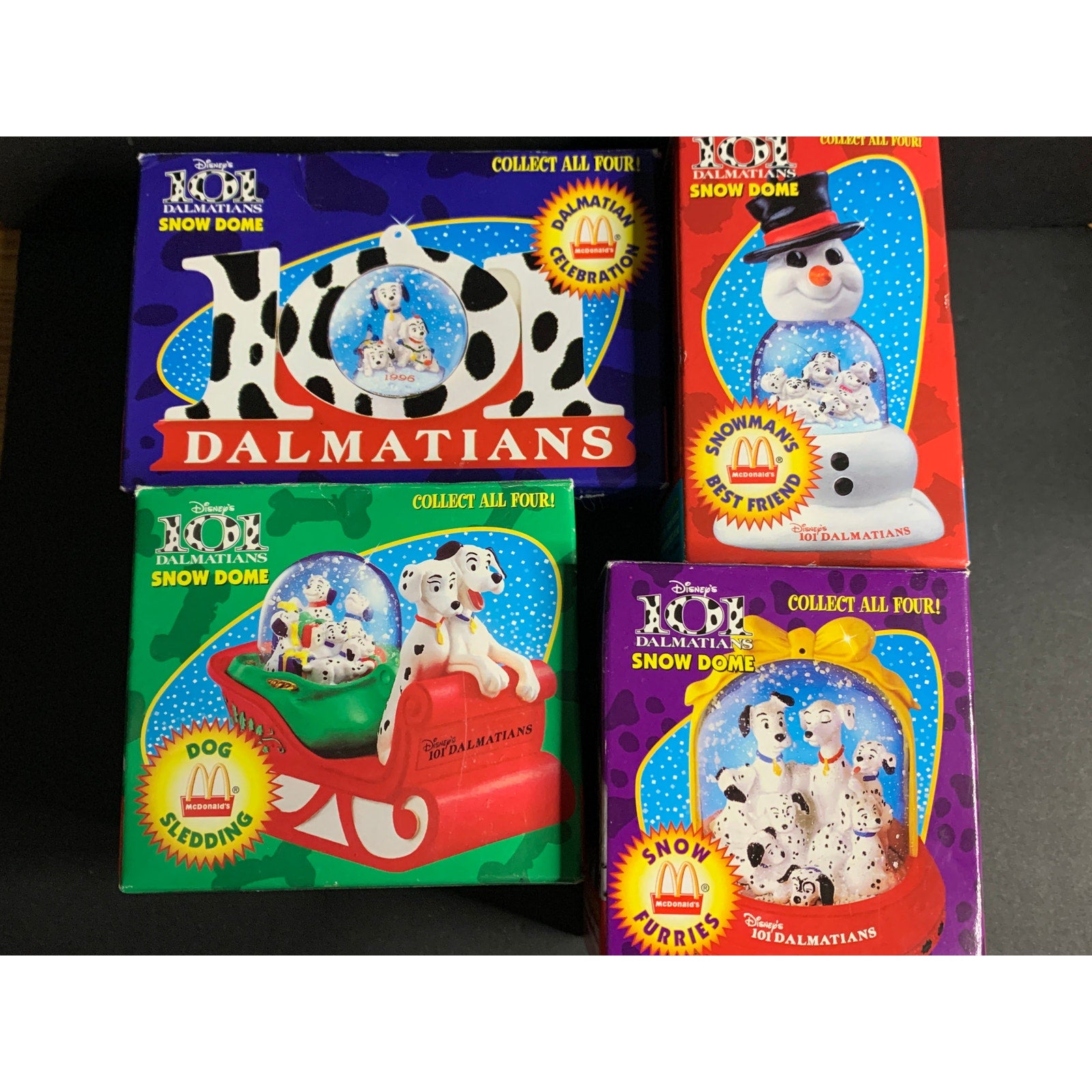 1996 Disney 101 Dalmatians Snow Dome McDonald's Happy Meal Toy Lot of 4 w/Boxes