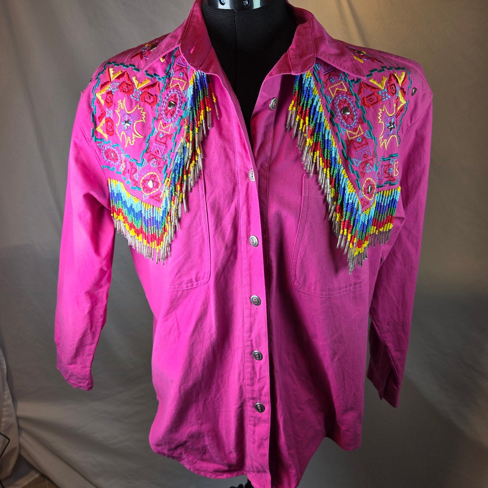 Southwest Canyon 1992 Beaded Fringe Western Shirt Womens S Hong Kong Vintage