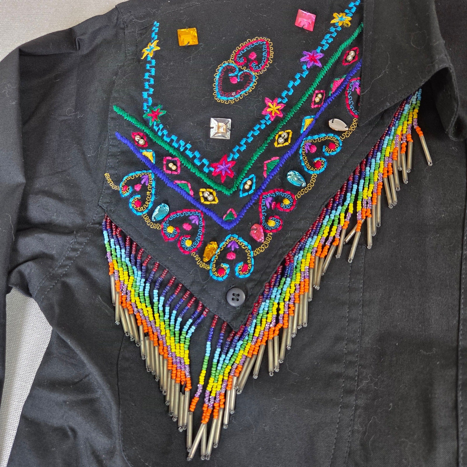Side Saddle 1993 Beaded Fringe Western Button Shirt Black Cotton M Pad