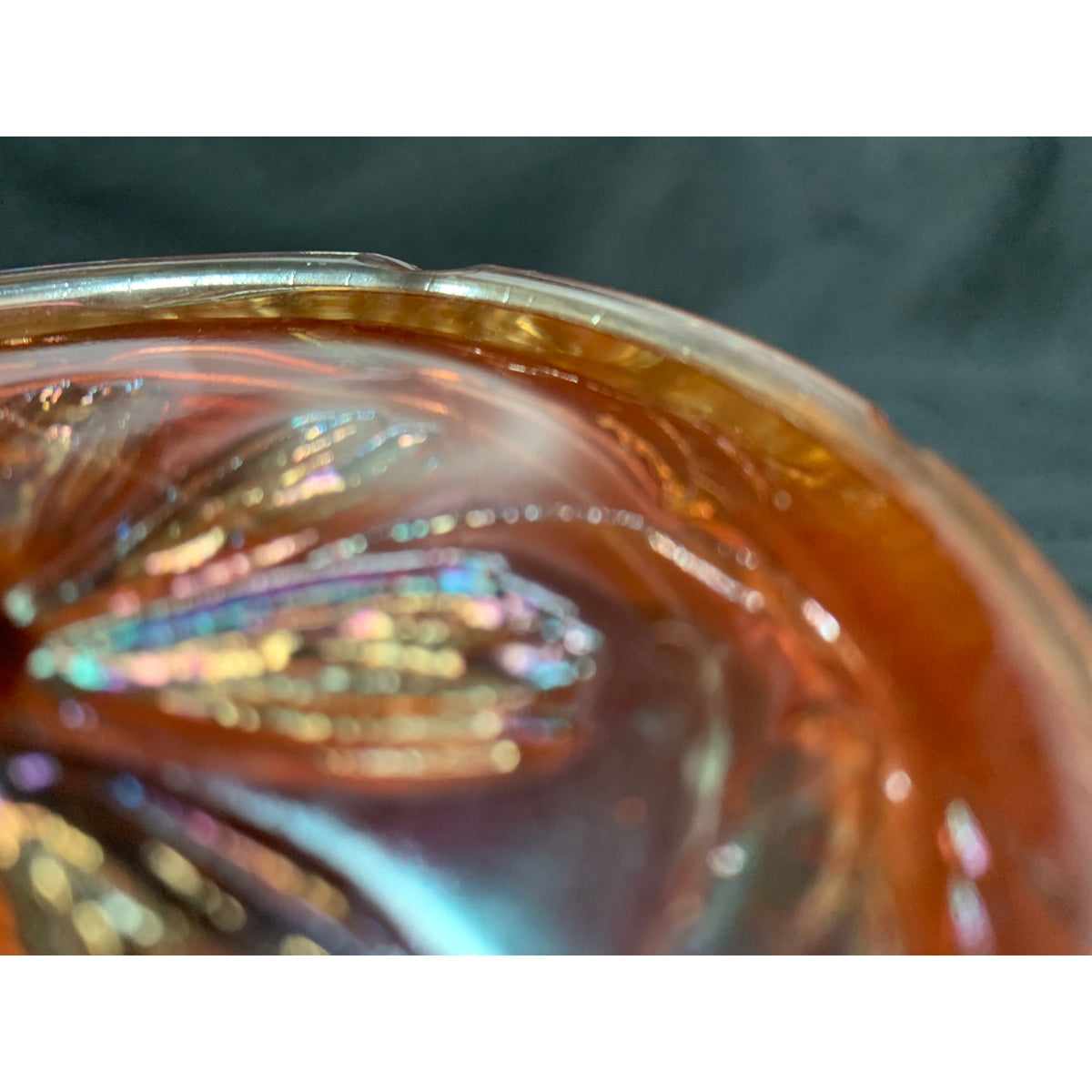 Antique Dugan Cosmos Variant Marigold Carnival Glass Ruffled Bowl 1910s