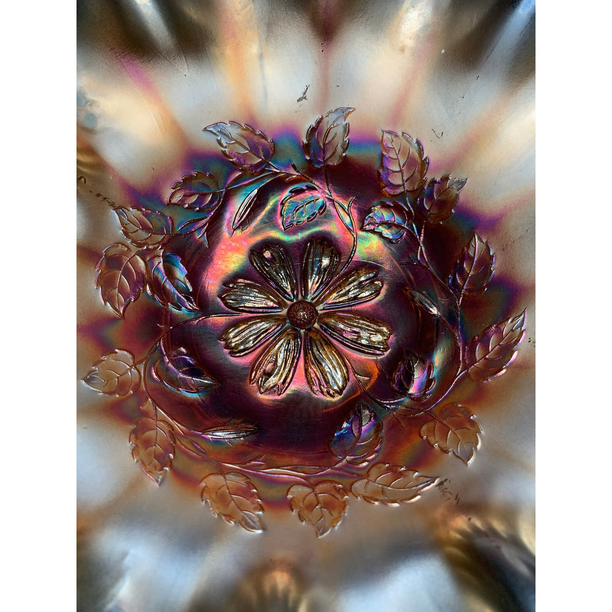 Antique Dugan Cosmos Variant Marigold Carnival Glass Ruffled Bowl 1910s