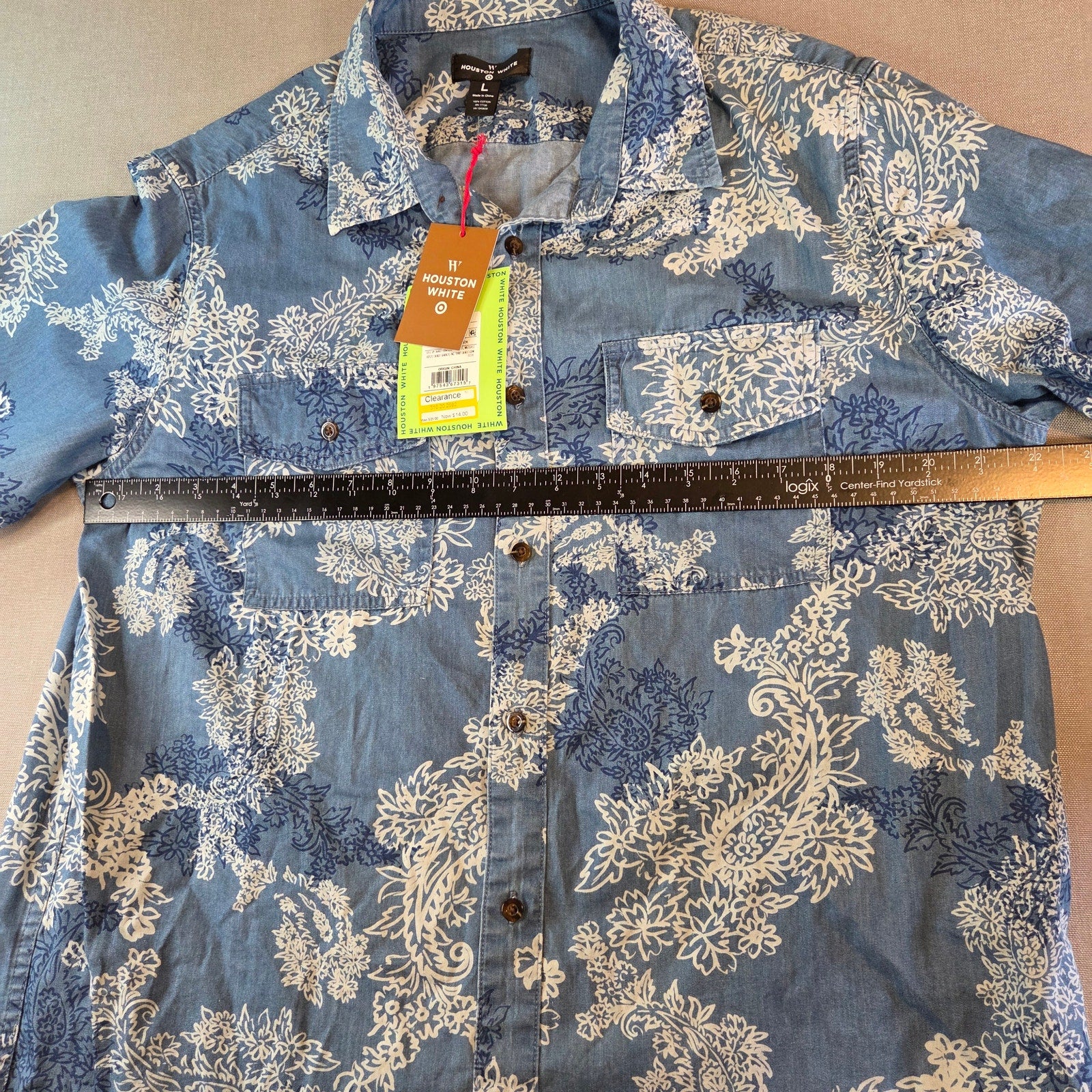 Houston White Floral Button Up Shirt L NWT Blue White Short Sleeve Casual