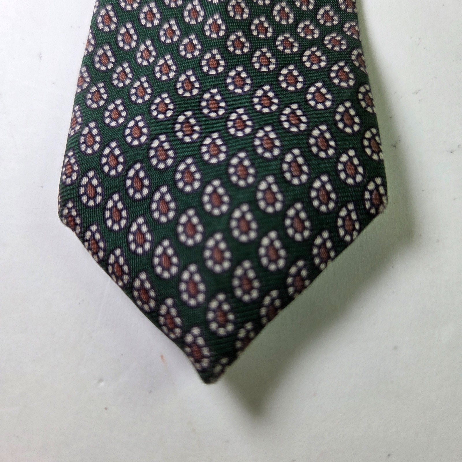 Robert White English Silk Tie Green Red Micro Paisley John Comfort Vintage