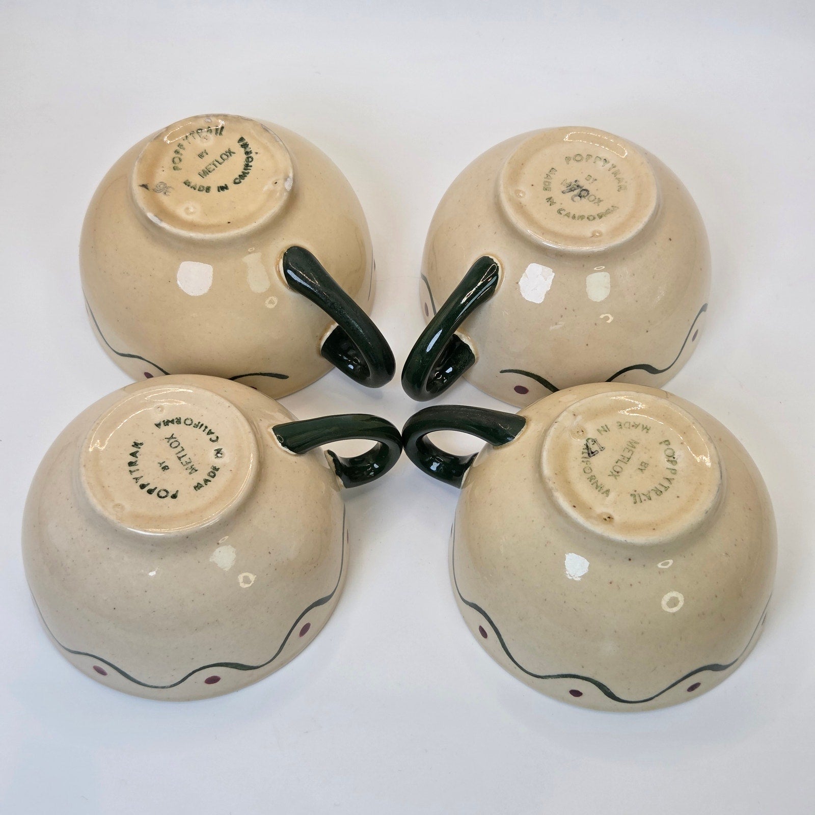 Vintage Metlox Poppytrail 4 Coffee Tea Cups California Pottery Set Green Handles