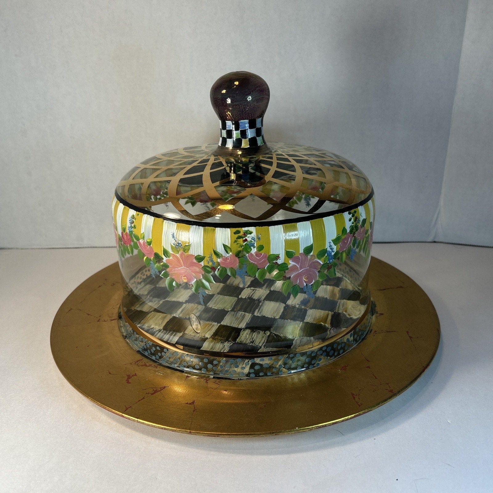 VTG MacKenzie-Childs Courtly Check Glass Cake Dome & 14" Plate Set