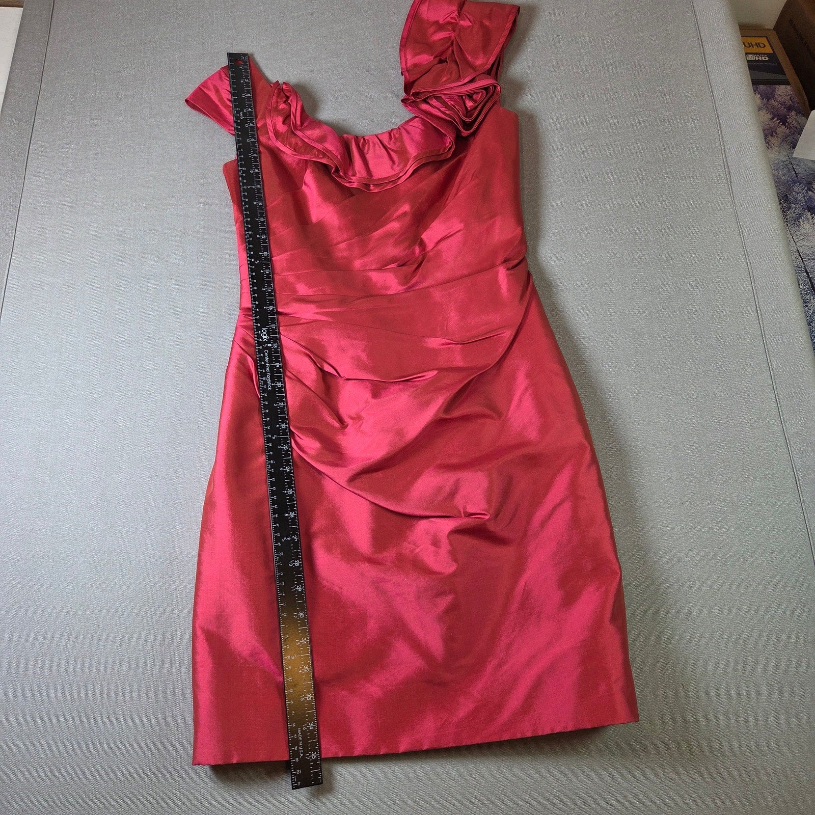 Marisa Baratelli Thai Silk One Shoulder Ruffle Cocktail Dress Red Size 4