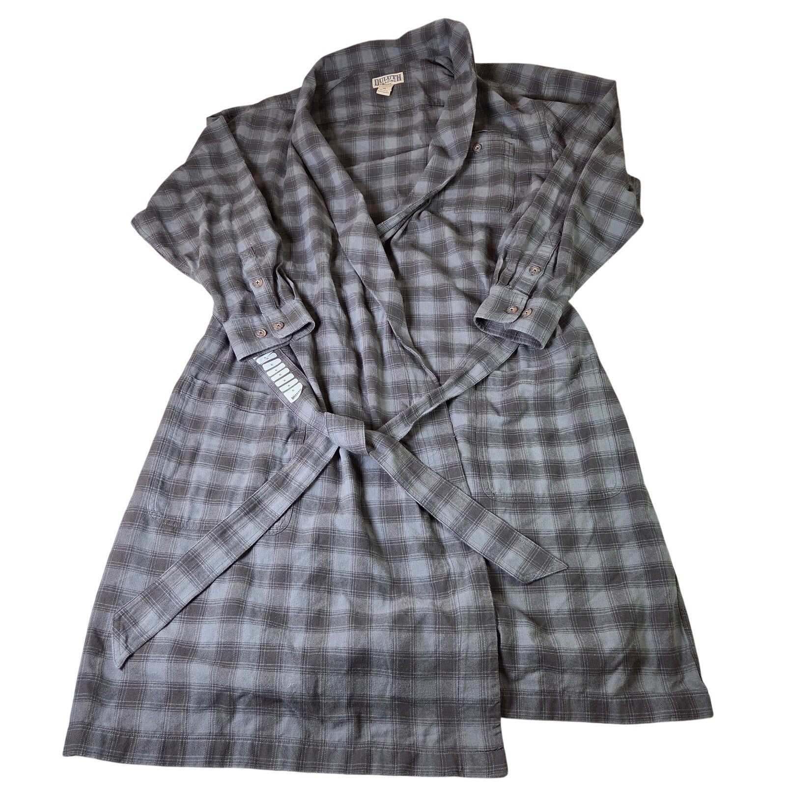 Duluth Trading Co Plaid Flannel Robe XL 100% Cotton Gray Belted