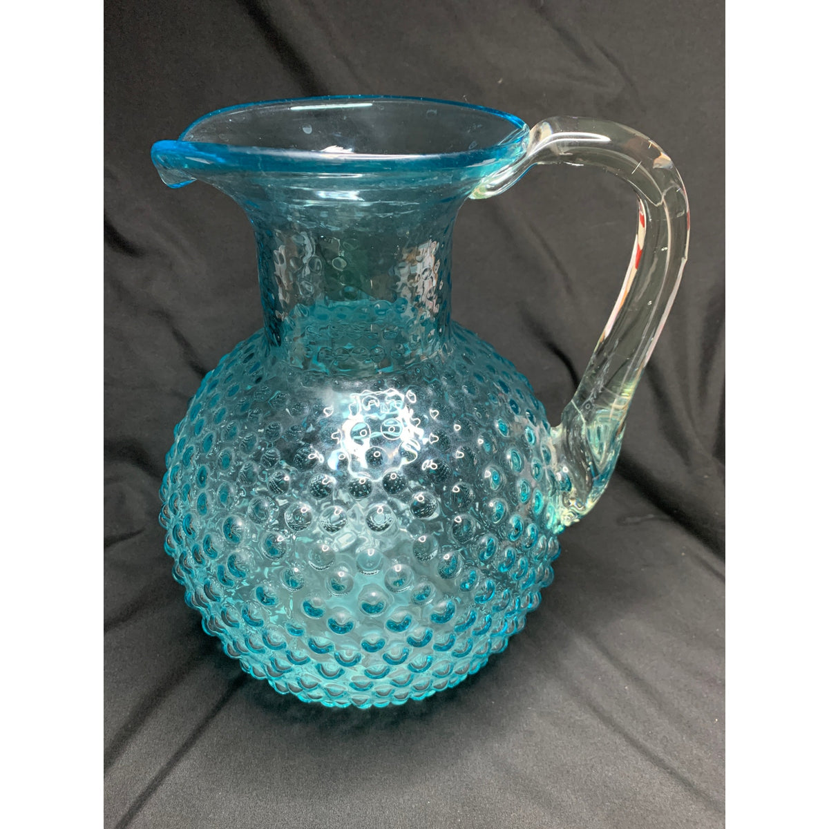 Large Aqua Blue Hobnail Glass Pitcher Clear Applied Handle Heavy Art Glass