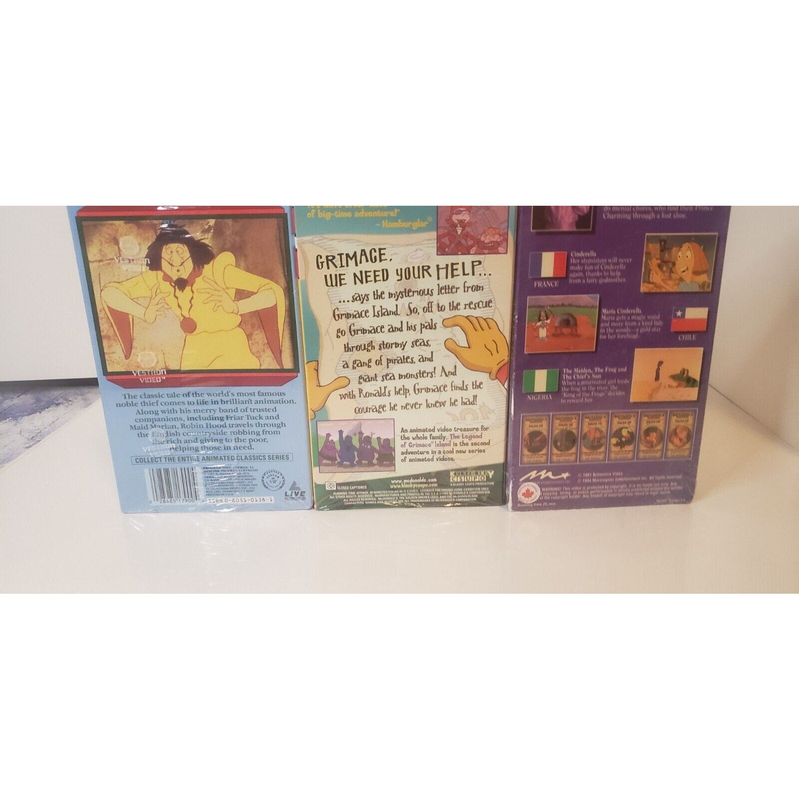 Lot of 3 New Sealed VHS Cartoons - Cinderella, Grimace, Robin Hood