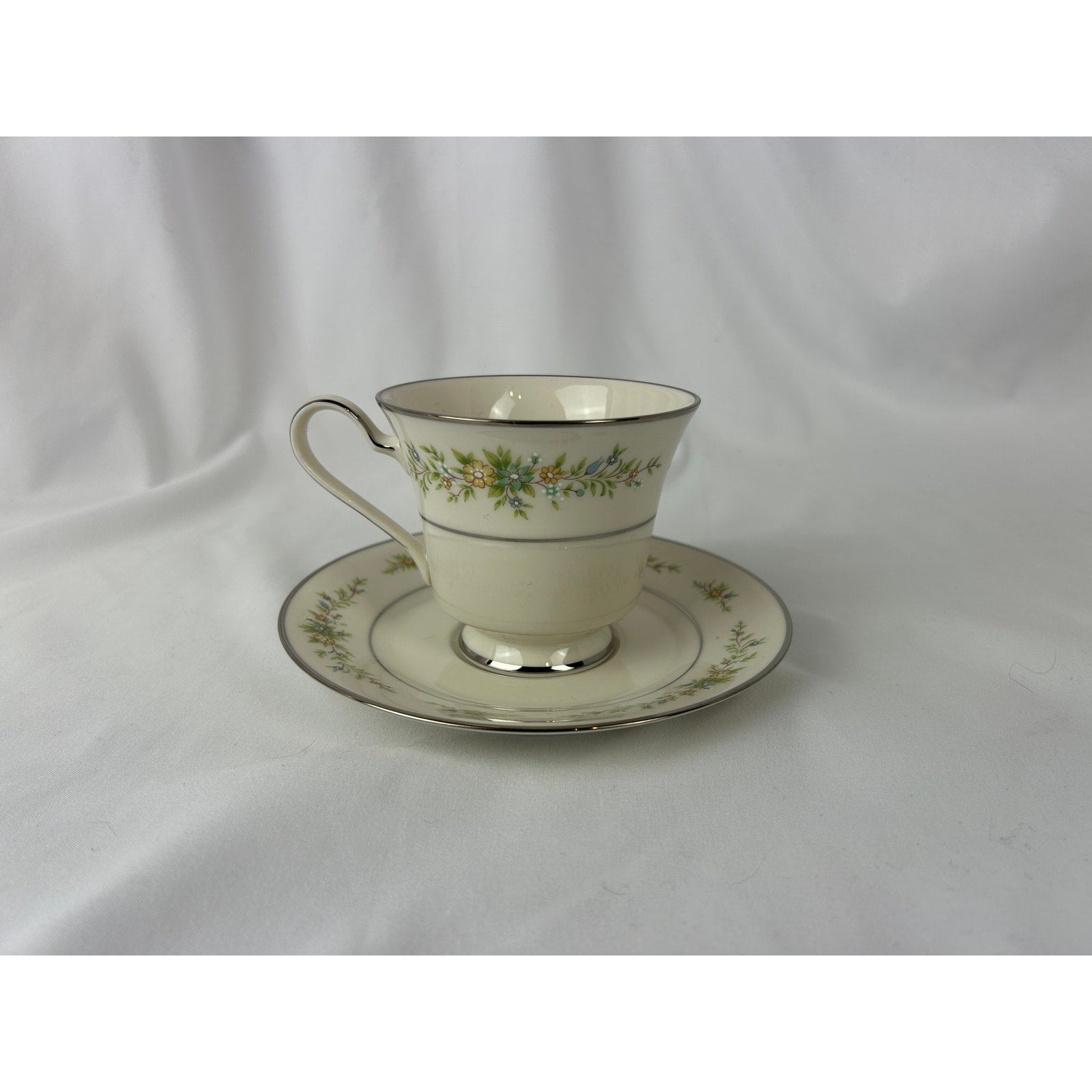 Noritake Christina 7056 Ivory China Tea Cup and Saucer Floral Silver Trim