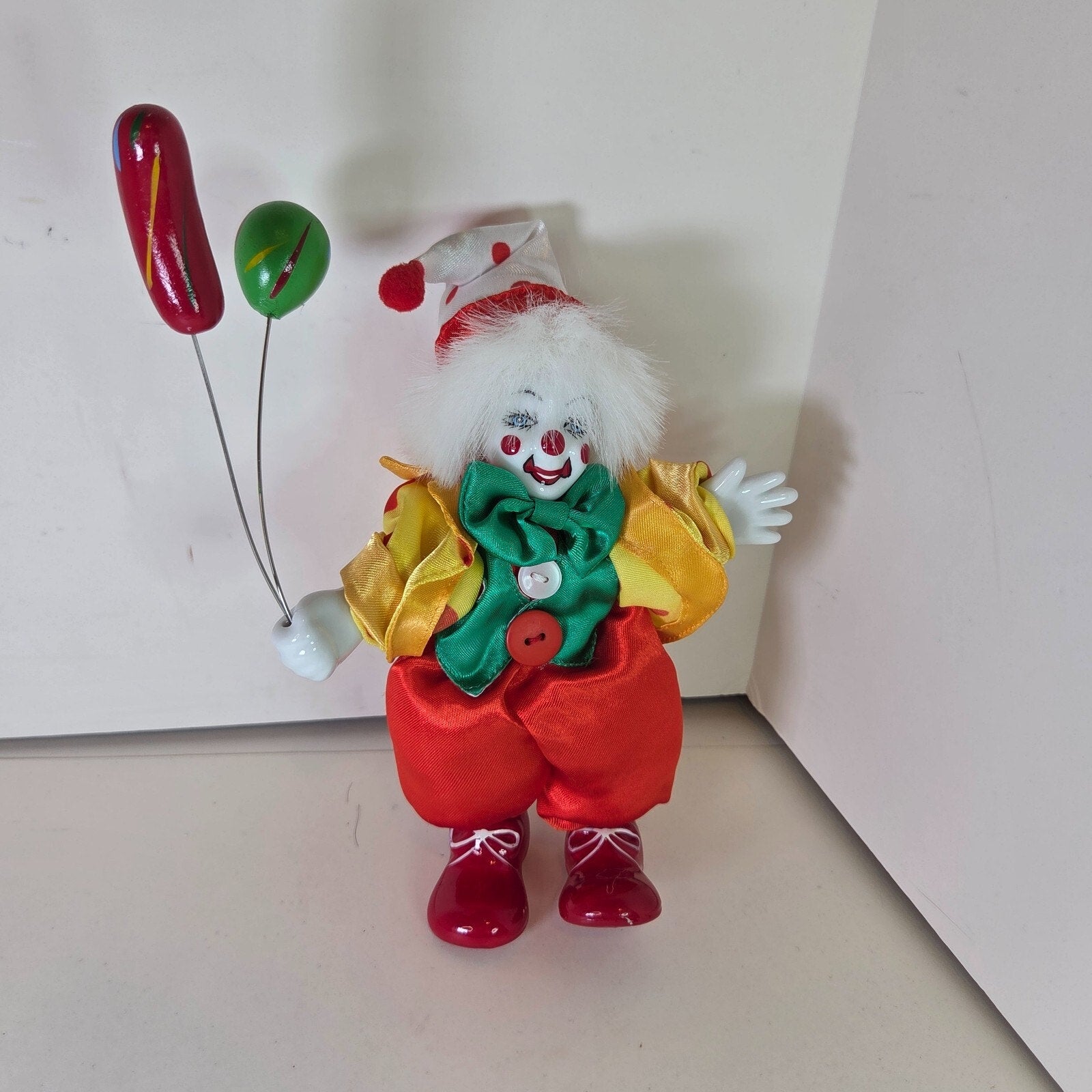 Vintage Porcelain Clown Doll Holding Balloons Fabric Body Red Yellow 7.5"
