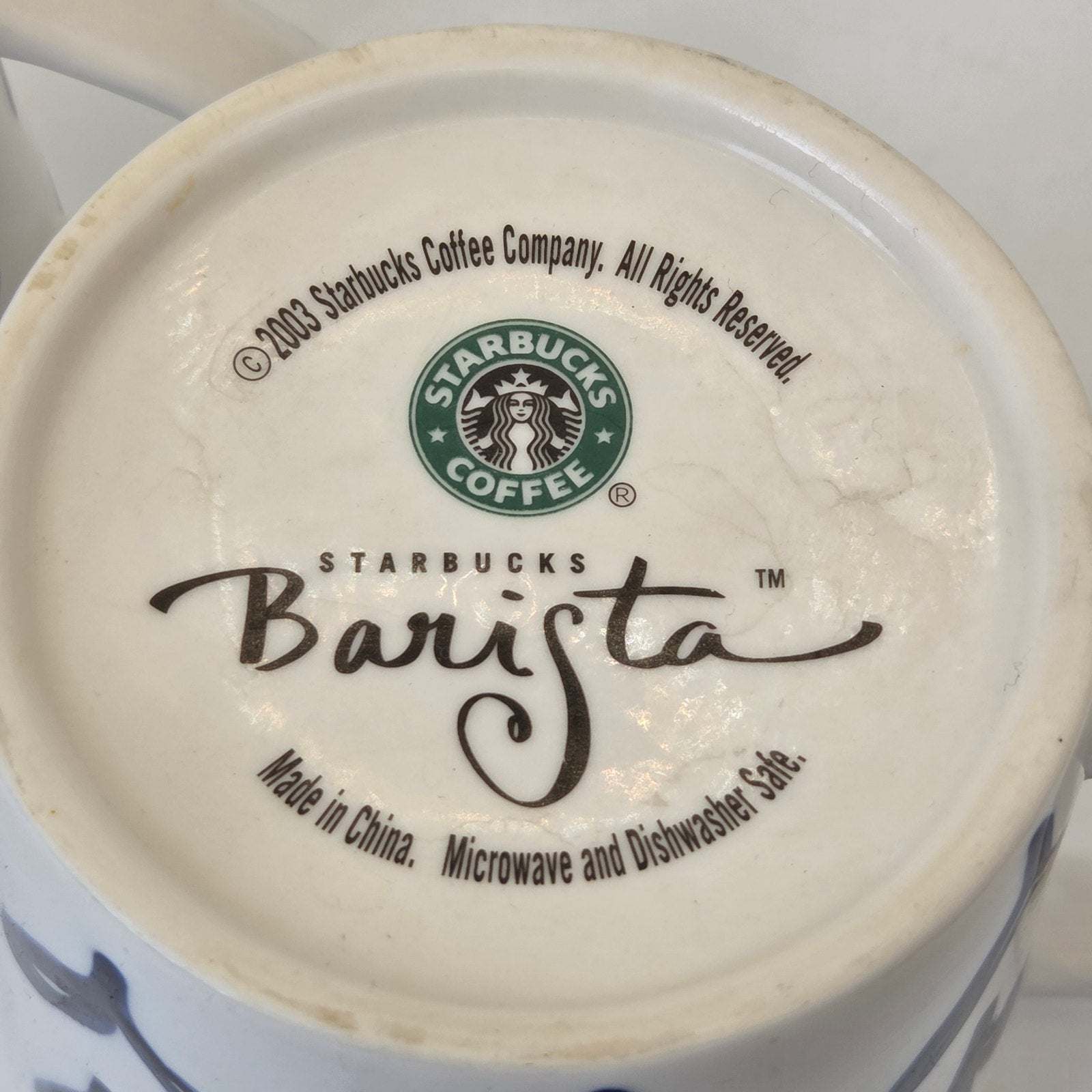 Starbucks 2003 Barista Blue Heart Pattern Ceramic Coffee Mugs Pair Set Rare