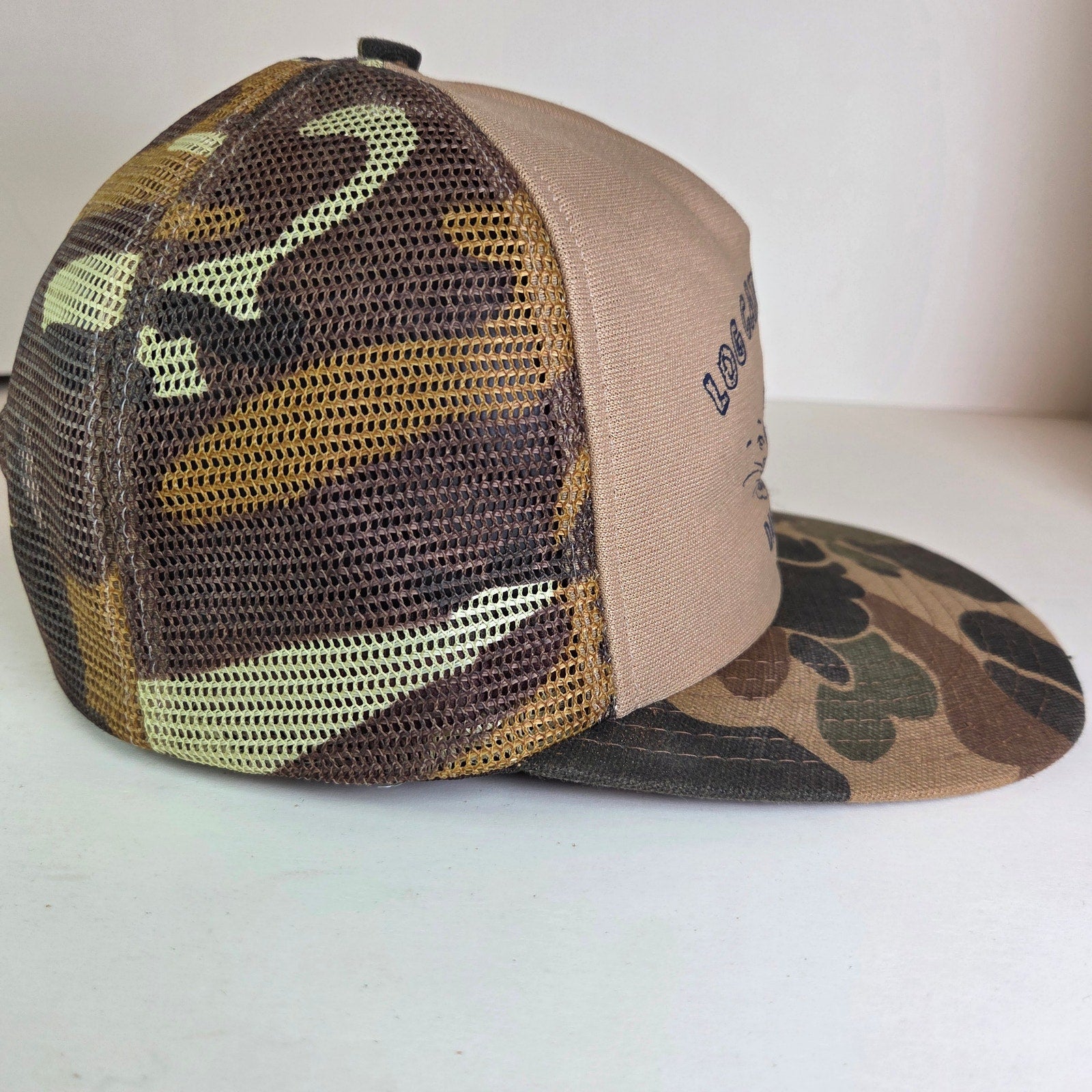 Vintage Log Cabin Store Danbury WI Camo Mesh Trucker Hat USA Made Semco