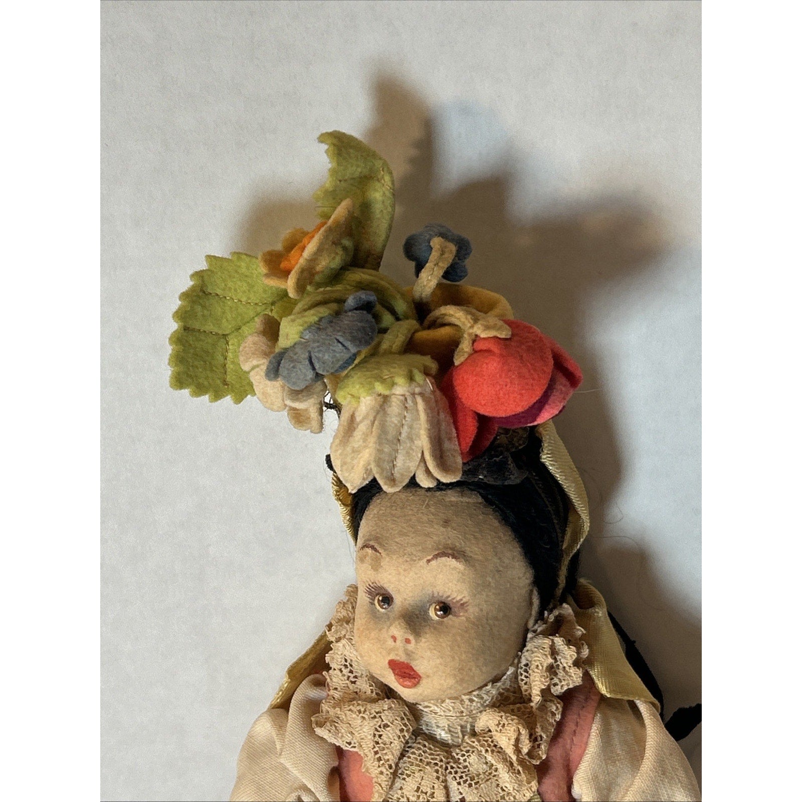 Antique Italian Lenci-Style Felt Doll w/ Flower Pot 11” Val Gardena c.1920s