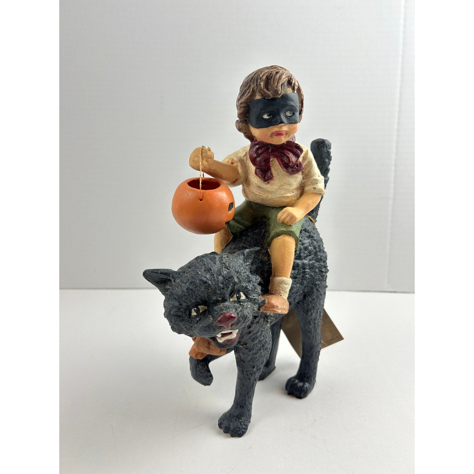 Bethany Lowe Masked Trick-or-Treater Riding Black Cat Halloween Figurine