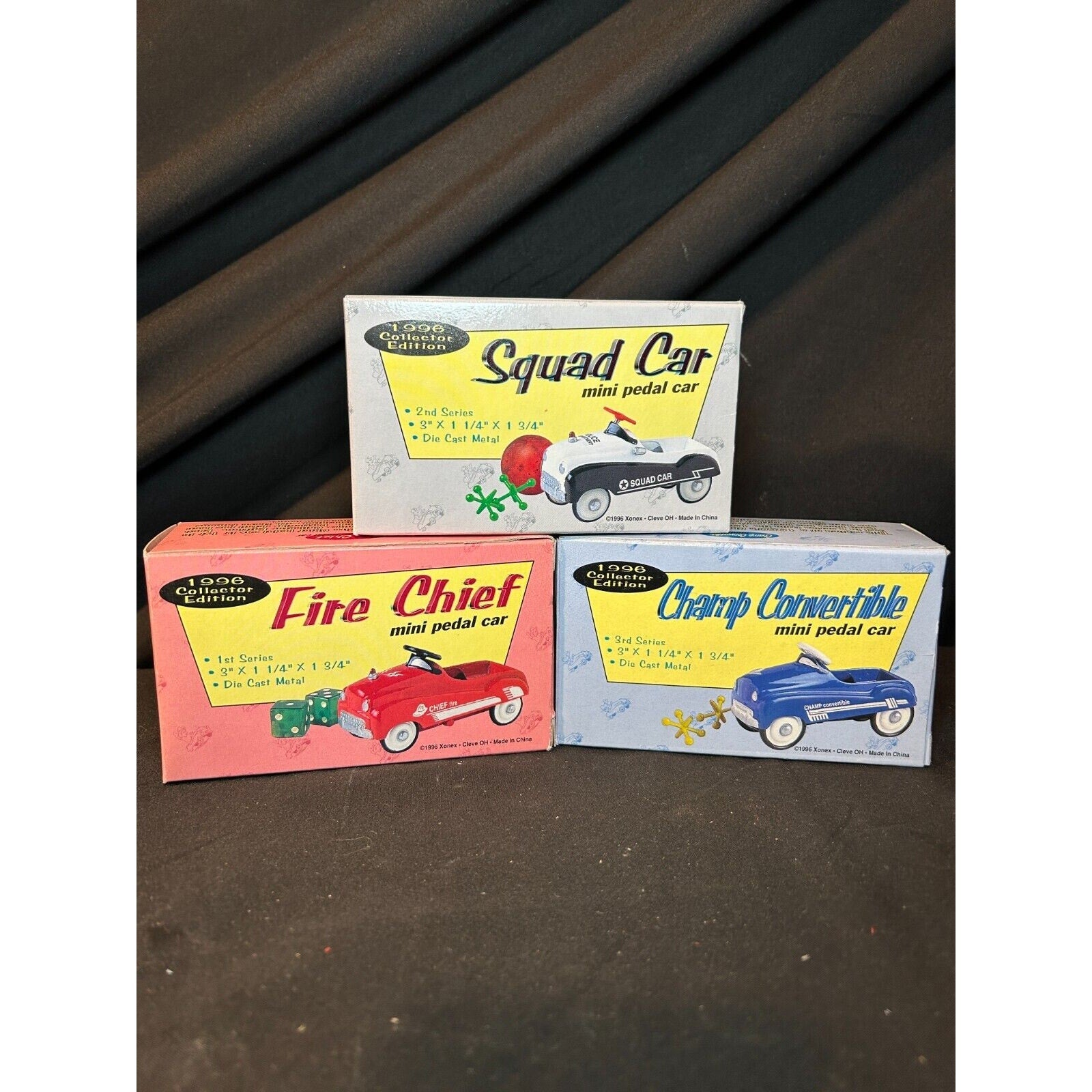 Xonex Collector Edition Mini Pedal Cars 3 Vehicle Set Fire Chief Squad Champ NIB