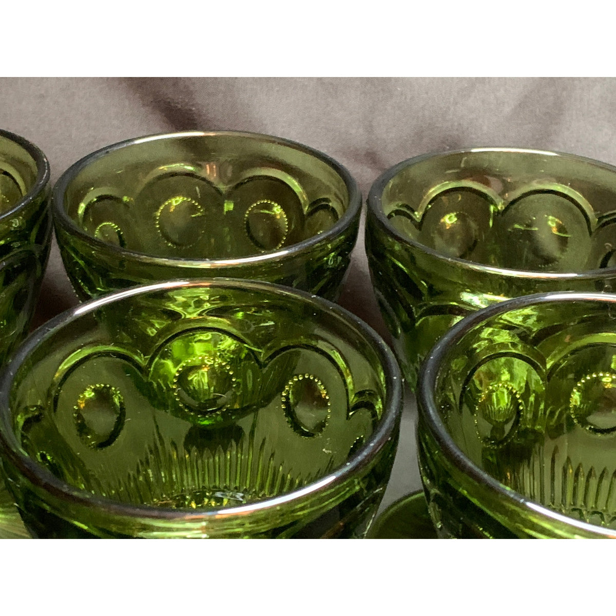 Olive Green Pressed Glass Wine Goblets Ball Stem Rayed Foot Set of 9
