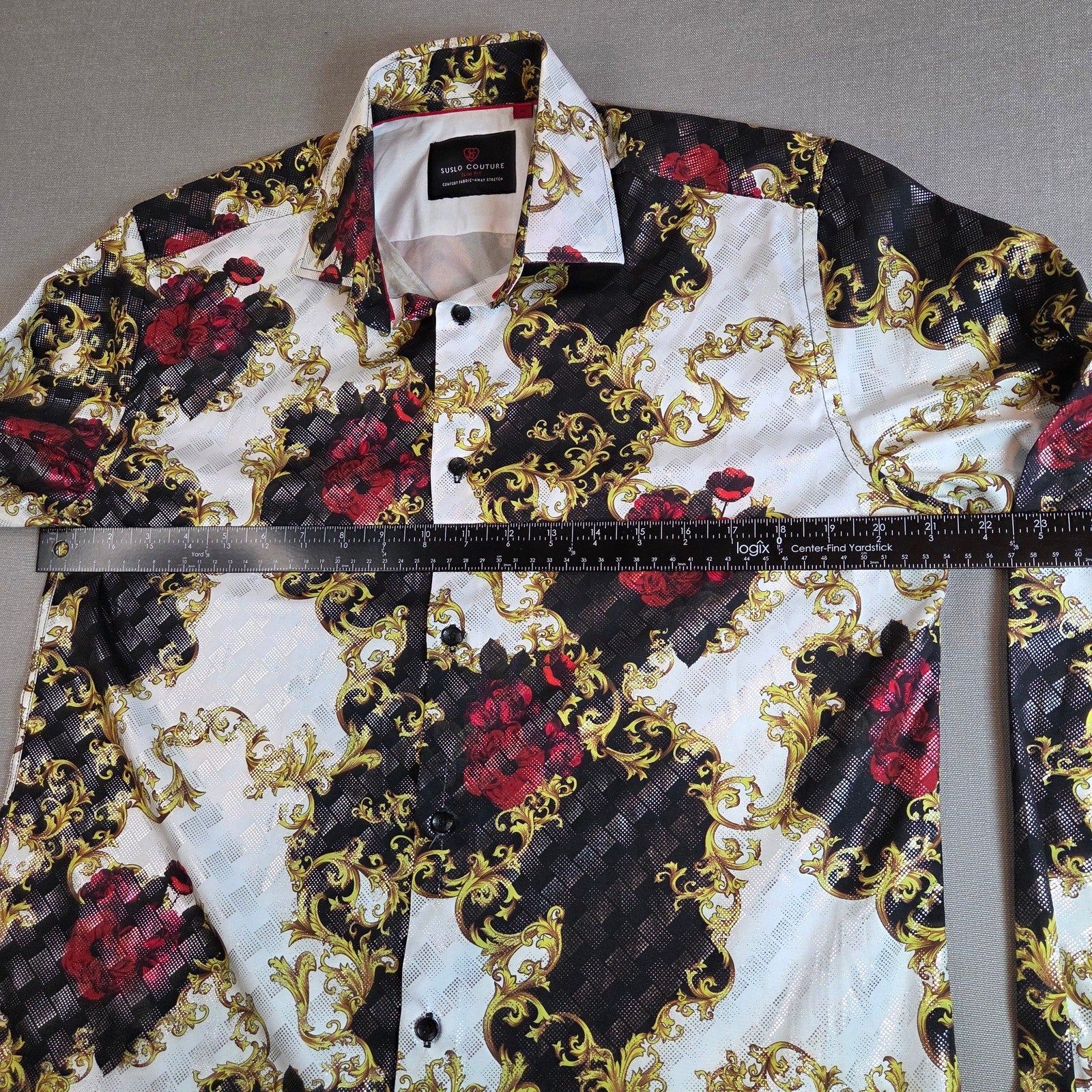 Suslo Couture Slim Fit Button Up Shirt Medium Red Floral Gold Black Print