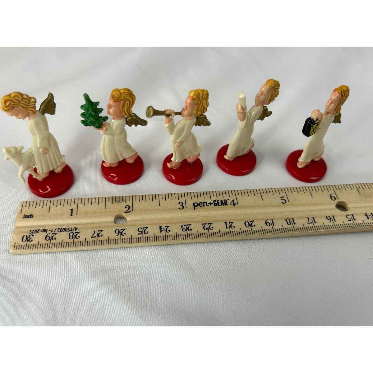Vintage West Germany Angel Figurines Set 5 Plastic Christmas Red Base MCM