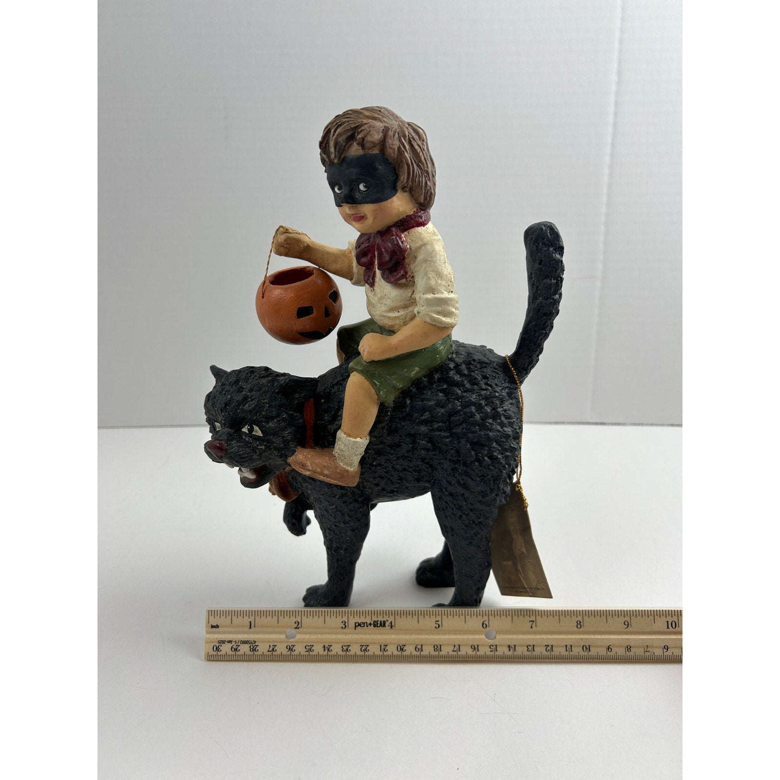 Bethany Lowe Masked Trick-or-Treater Riding Black Cat Halloween Figurine