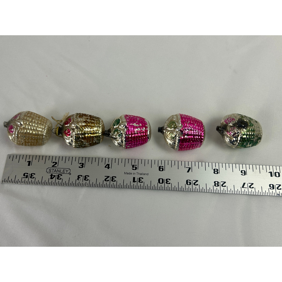1930s Mercury Glass Flower Basket Christmas Ornaments Hand Painted Lot of 5