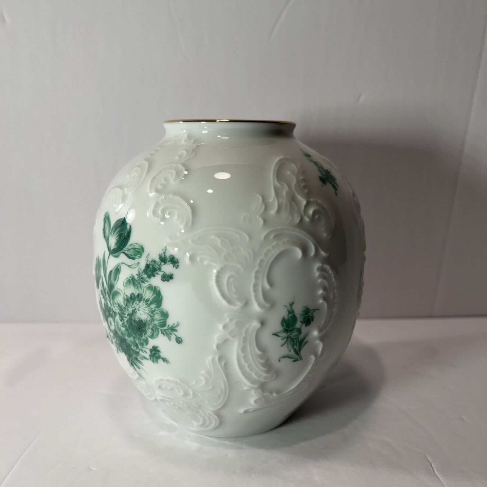 Vintage KPM Bavaria Royal Porcelain Vase Embossed Floral Green Gold Rim Germany