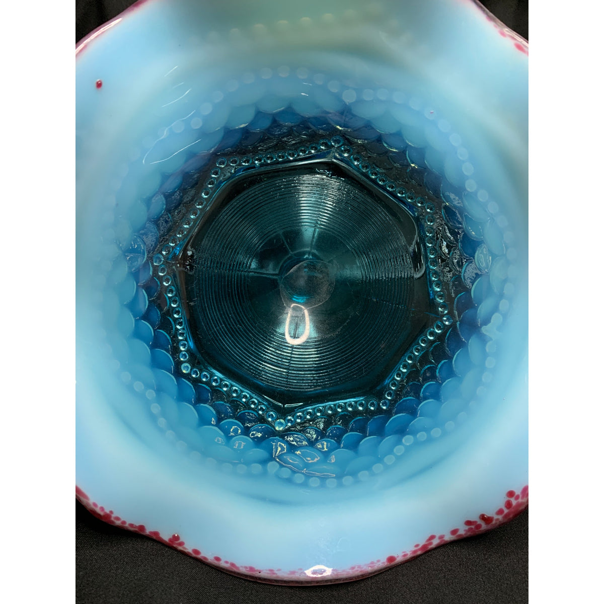 Antique Jefferson Glass Pearls & Scales Blue Opalescent Compote Cranberry Frit