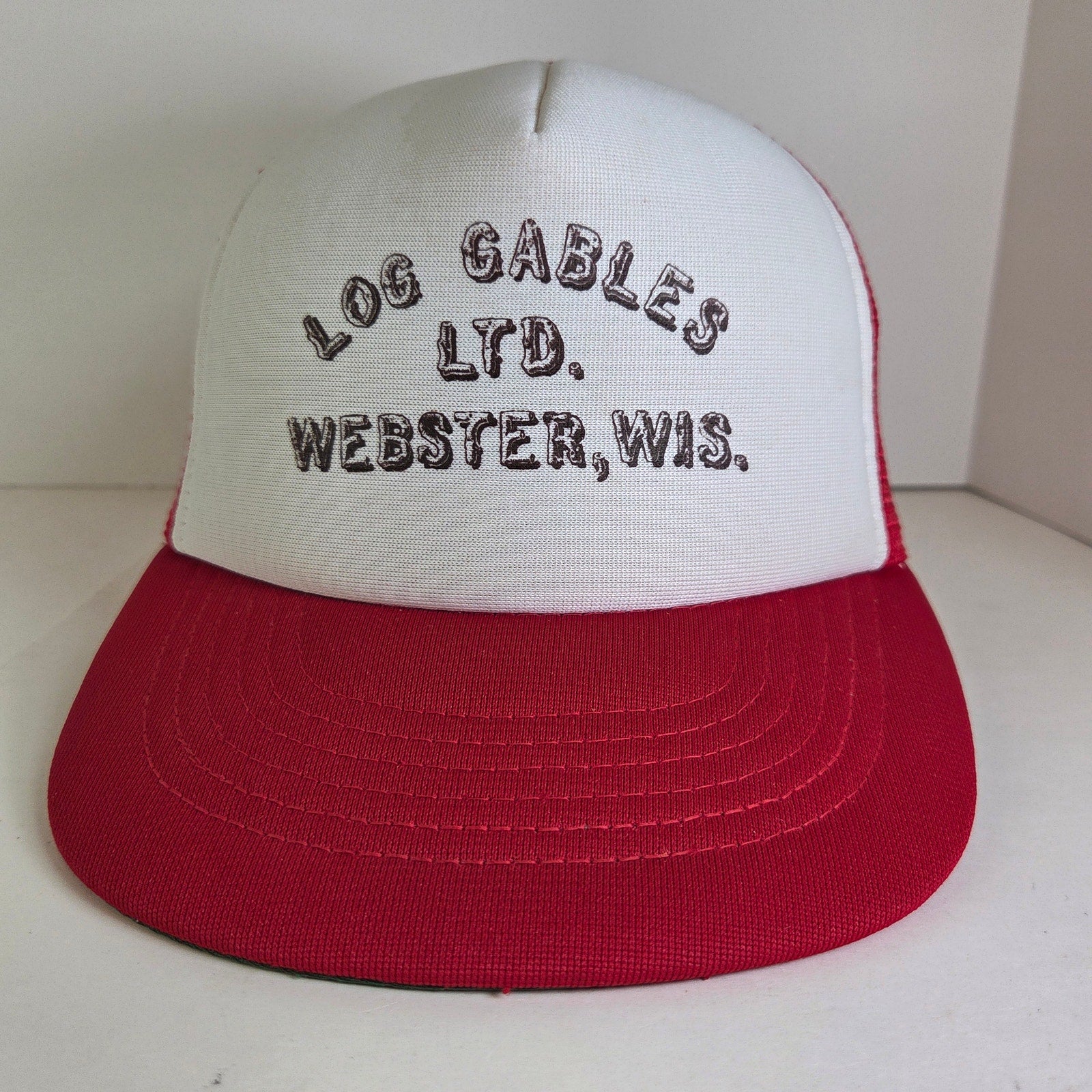 Vintage 80s Trucker Hat Log Gables Webster Wisconsin Snapback Mesh Red White