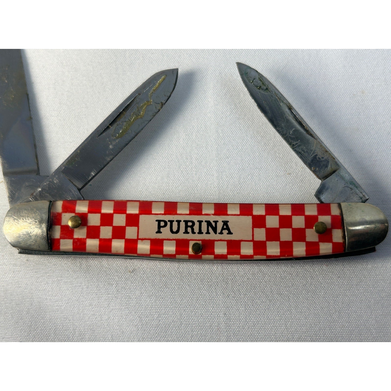 Vintage Purina Advertising Pocket Knife USA Multi Blade Red Checker Handle