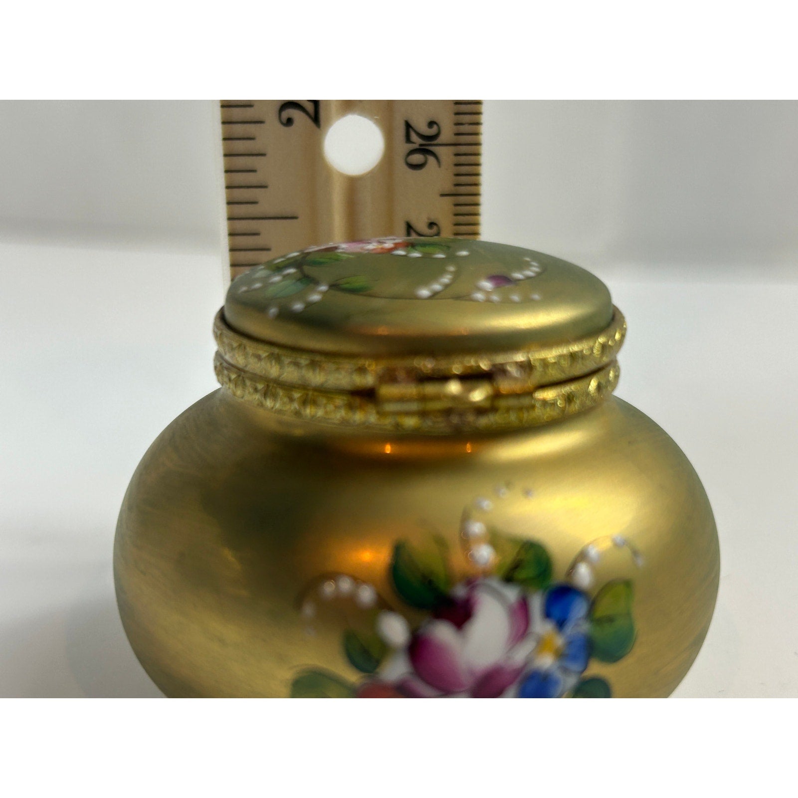 Limoges France Hand Painted Trinket Box Matte Gold Floral Round